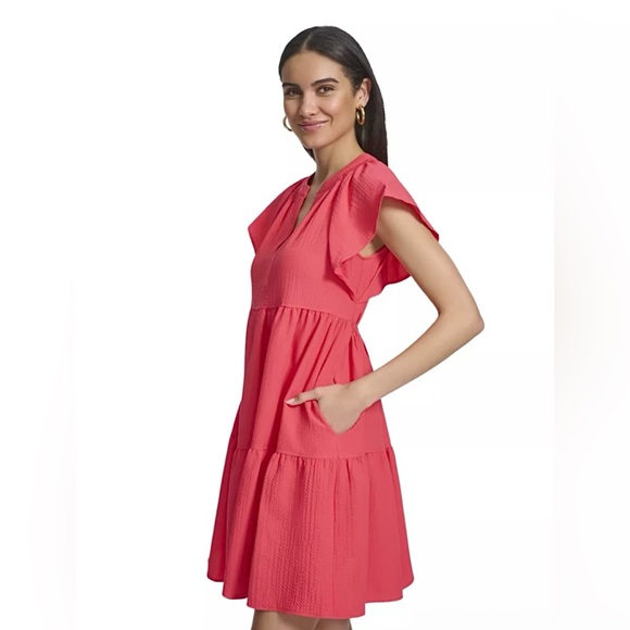 Calvin Klein Dresses & Skirts - Calvin Klein Orange Ruffle Sleeve Gauze V-Neck Dress-Size 10